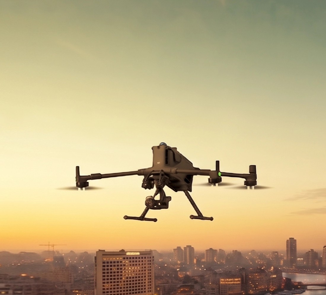 Survey drone above the Nile and Cairo Tower at sunset