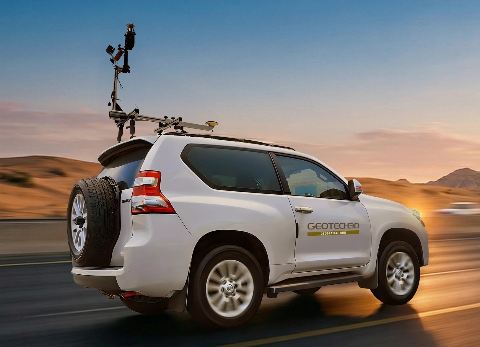 GEOTECH 3D mobile mapping vehicle on a desert highway